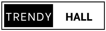 Black and white logo with 'TRENDY HALL' text on a white background